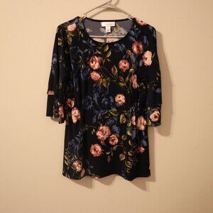 Motherhood 3/4 sleeve shirt, navy background with pink and blue flowers, formal